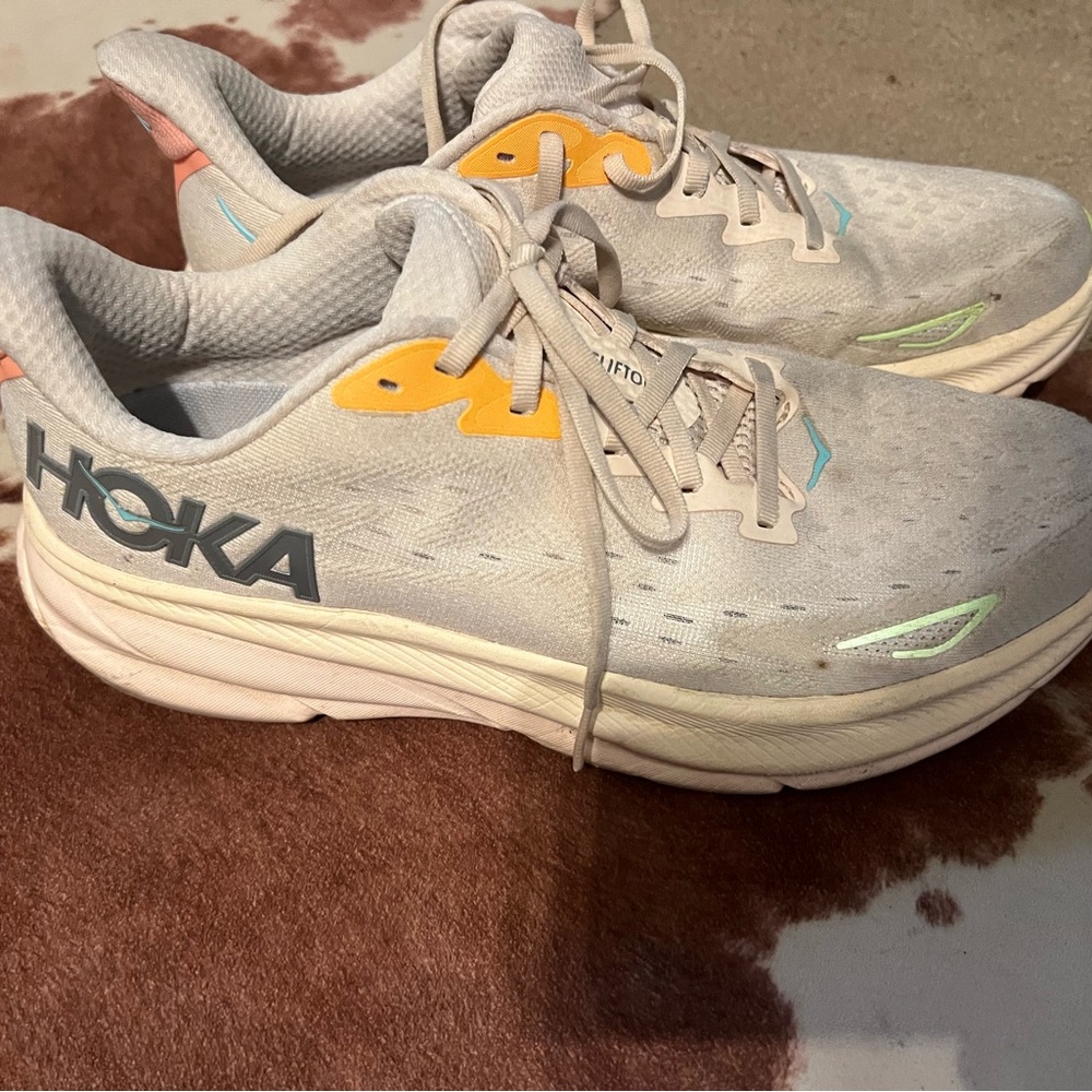 Hoka Light cream and Orange Running Shoes
